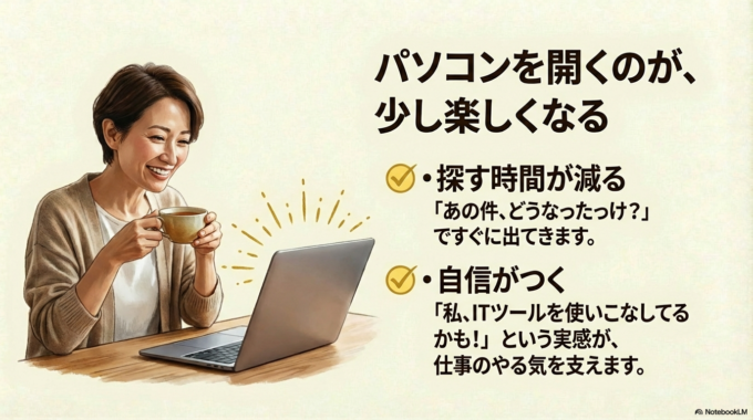 「どこだっけ？」と焦る回数が減るだけで、仕事のストレスはかなり軽くなります。