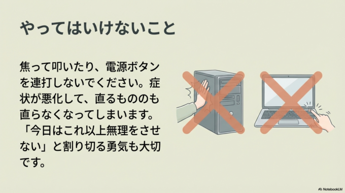 ここで無理に叩いたり、何度も電源ボタンを連打するのはやめましょう。