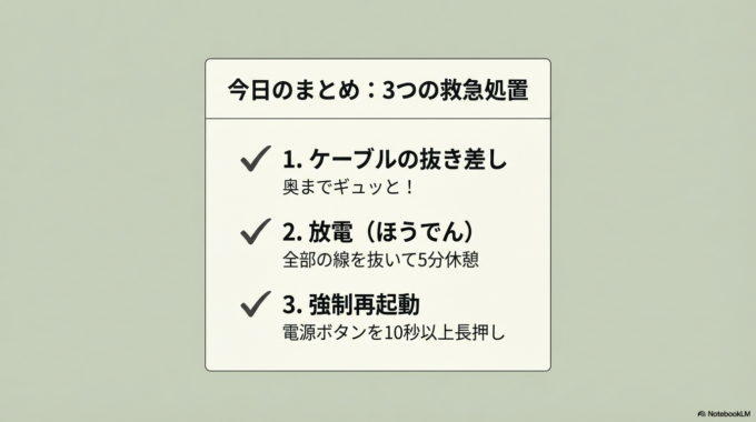 まずは以下の3つを落ち着いて試してみてください。