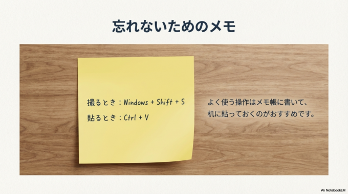 また、よく使う操作はメモ帳に「Windows+Shift+S」と書いて机に貼っておくのもおすすめです。
