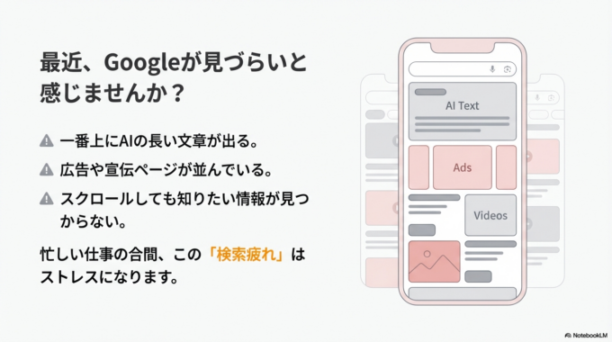 最近Googleで検索したときに、「なんだか見づらくなったな」と感じたことはありませんか？