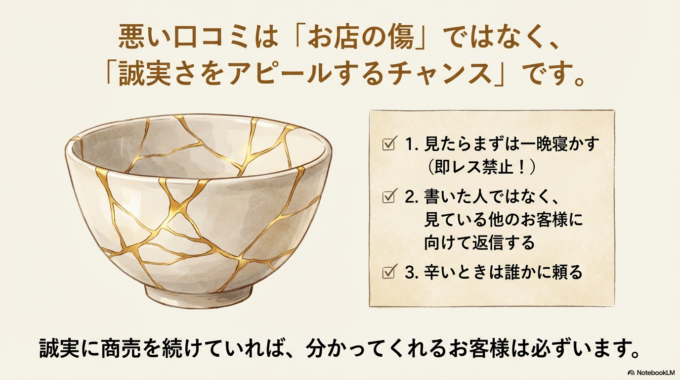 悪い口コミは「お店の傷」ではなく、「誠実さをアピールするチャンス」でもあります。
