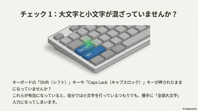 大文字と小文字が混ざっていませんか？