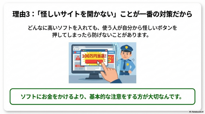 「怪しいサイトを開かない」ことが一番の対策だから