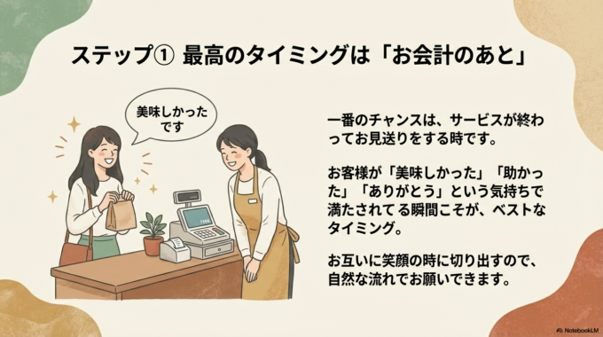 最高のタイミングは「お会計のあと」