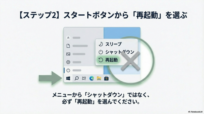スタートボタンから「再起動」を選ぶ