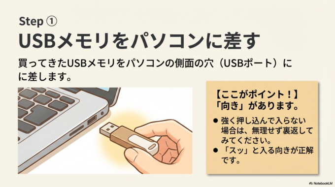 ① USBメモリをパソコンに差す