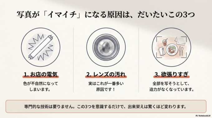 写真が「イマイチ」になる原因は、だいたいこの3つです