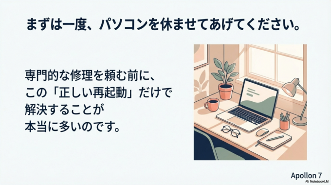 まずは一度、パソコンを休ませてあげてくださいね。