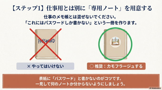 パスワード専用ノートを一冊用意する