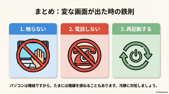 「触らない」「電話しない」「再起動する」
