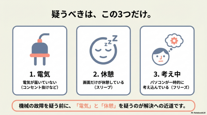 パソコンが動かなくなる原因は、難しく考えがちですが、だいたいこの3つです。