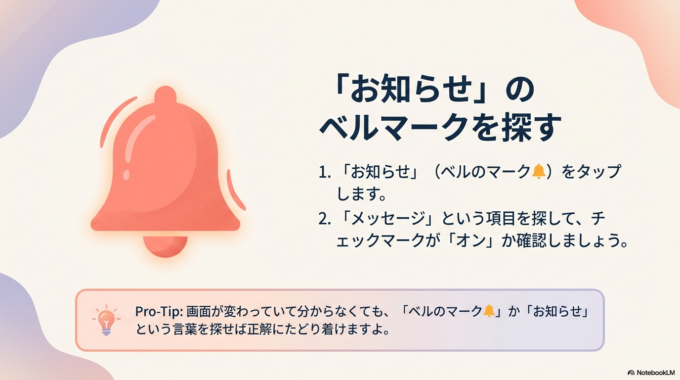 「ベルのマーク🔔」か「お知らせ」