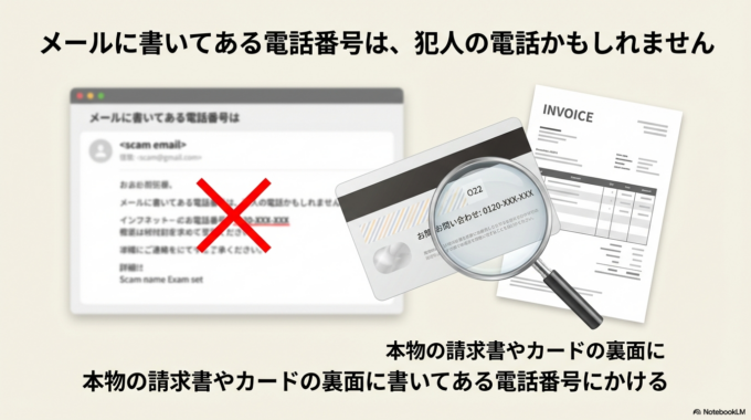 メールの中のボタンや電話番号は絶対に触らないでください。