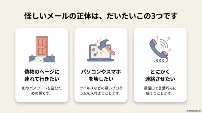怪しいメールの正体(だいたいこの3つです)