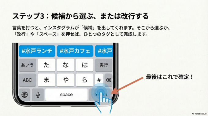候補から選ぶ、または改行する