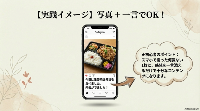 「今日は○○を食べました。元気がでました！」と一言添えるだけでOKです。