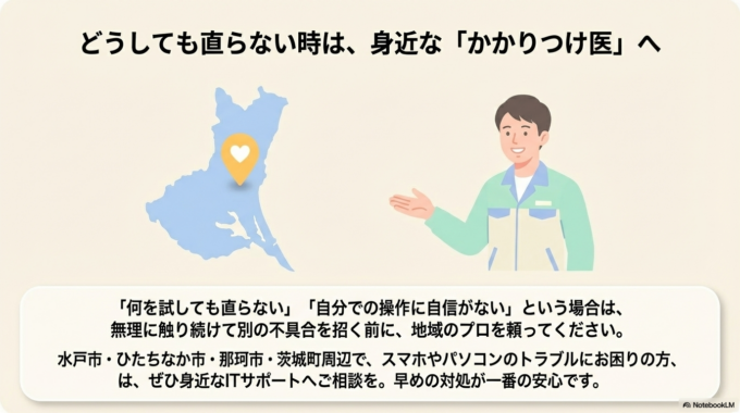 水戸市・ひたちなか市・那珂市・茨城町周辺で、スマホやパソコンの設定や不具合でお困りの方は、身近なサポートに相談するのもひとつの方法です。
