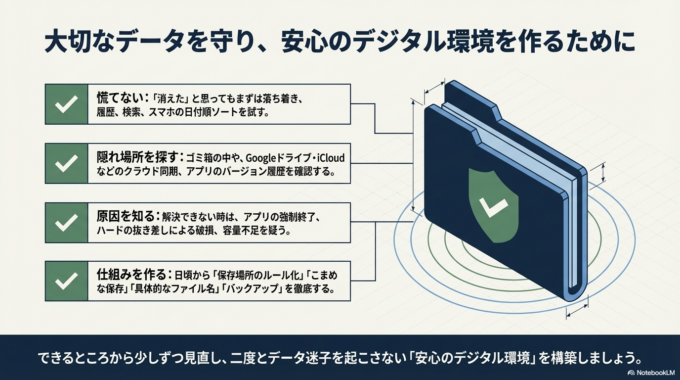 まずは落ち着いて保存場所や履歴を確認すること。それでも見つからない場合は、原因を一つずつ整理していくことが大切です。