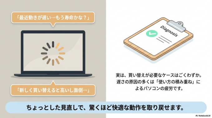「最近パソコンの動きが遅い…」「そろそろ買い替えた方がいいのかな？」と感じていませんか？
