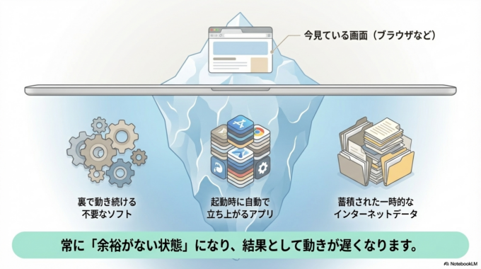 ただ実は、パソコンが遅くなったからといって、すぐに買い替える必要があるケースはそれほど多くありません。簡単な見直しだけで、驚くほど軽くなることもあります。