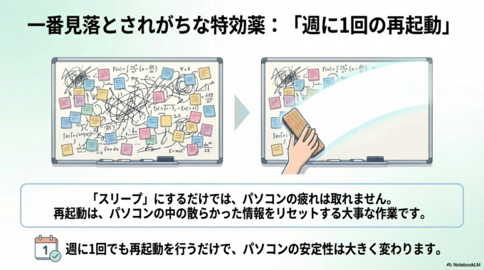 特に再起動は見落とされがちですが、パソコンの中をリセットする大事な作業です。週に1回でも行うだけで違いが出ます。