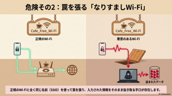 さらに怖いのが「なりすましWi-Fi」です。