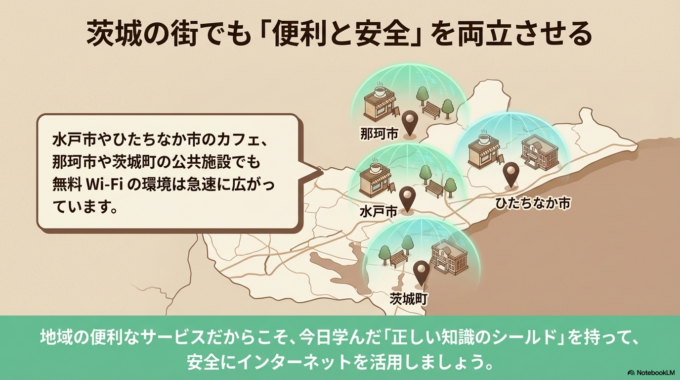 無料Wi-Fiは、水戸市やひたちなか市のカフェや公共施設でも広く利用されています。