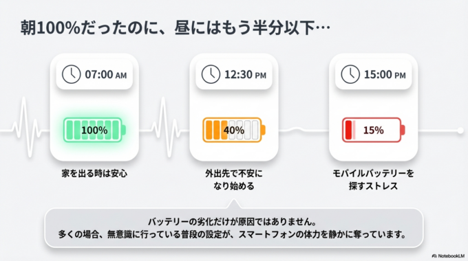 「朝フル充電したのに、昼にはもう半分以下…」そんな経験はありませんか？
