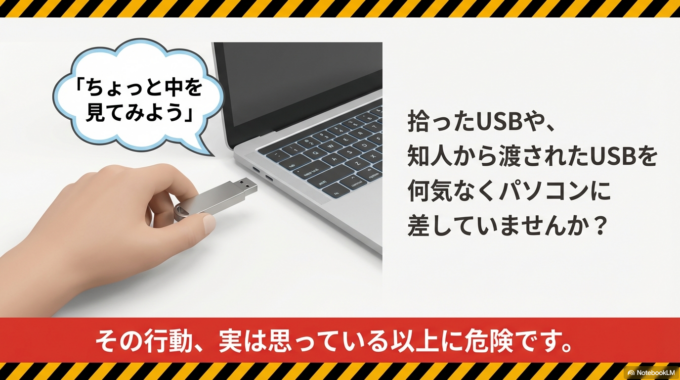 あるいは、知人から渡されたUSBを何気なくパソコンに差してしまった経験がある方も多いかもしれません。