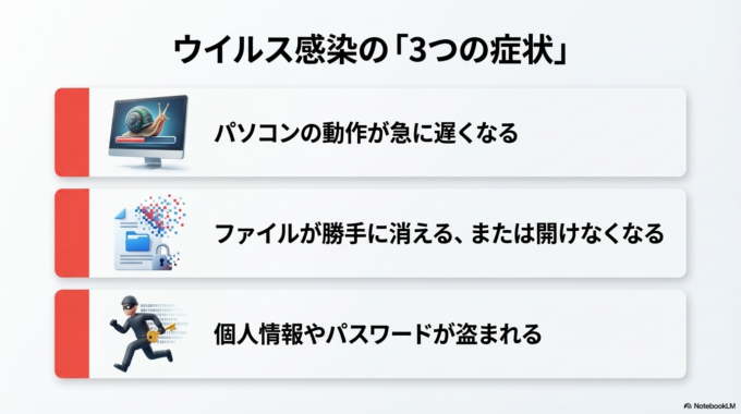 USBの中に悪意のあるプログラムが仕込まれていると、差した瞬間にパソコンへ影響が広がることがあります。