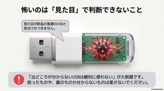 怖いのは「普通のUSBと見分けがつかない」ことです。

