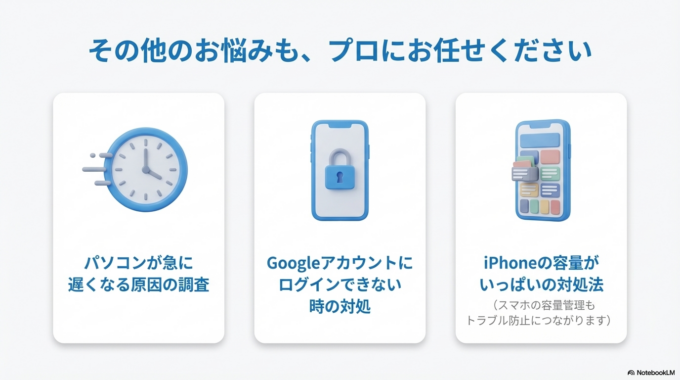 パソコンが苦手な方でも分かるように対応してくれるサポートを選ぶと、より安心して利用できます。那珂市や茨城町など近隣地域でも同様のトラブルは増えています。