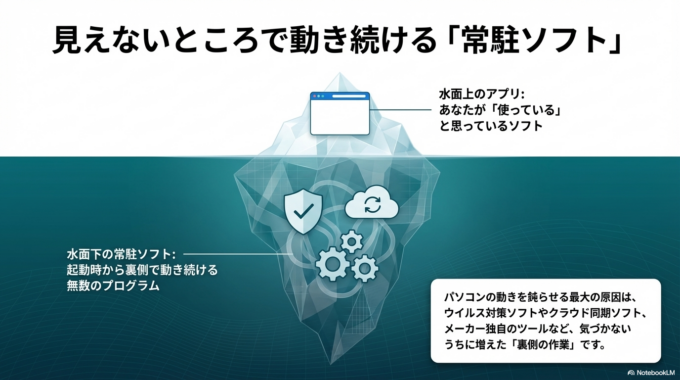 パソコンが重くなる原因はいくつかありますが、その中でも見落とされがちなのが「不要な常駐ソフト」です。