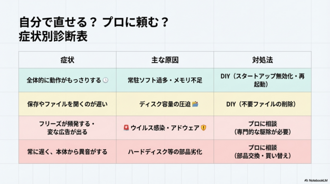 パソコンが重い原因は、設定や使い方の見直しで改善できることが多いですが、自分で判断が難しい場合もあります。