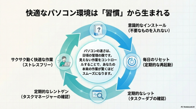 パソコンが重くなる原因の多くは、特別な故障ではなく「不要な常駐ソフト」や「日常の使い方」にあります。