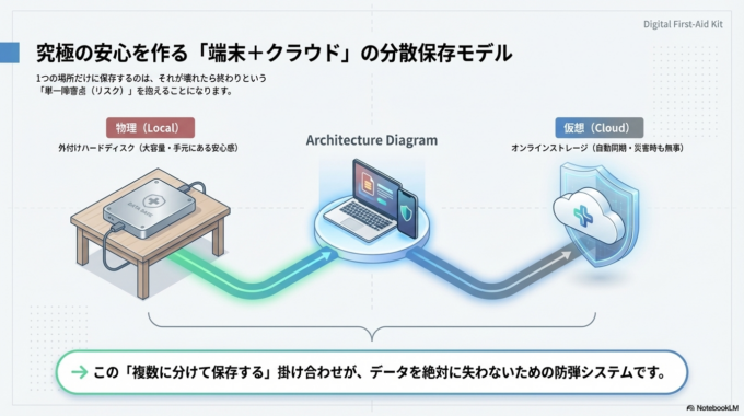 できれば「端末+クラウド」のように、複数に分けて保存するのが安心です。