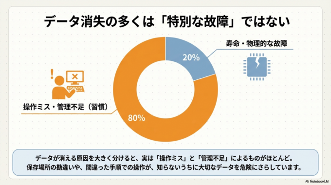 パソコンを使っていると、「昨日まであったデータが消えた」「大事な写真が開けない」といったトラブルに突然出くわすことがあります。特にパソコンに慣れていない方ほど、知らないうちに危険な使い方をしてしまいがちです。
