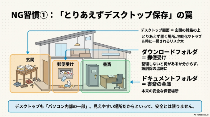 「デスクトップに置いたから大丈夫」と思っていませんか？実はデスクトップもパソコン内部の一部であり、初期化やトラブル時には消えてしまうことがあります。