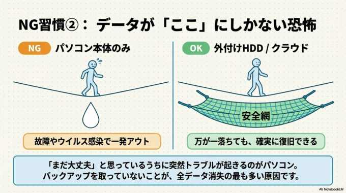 これが最も多い原因です。パソコン本体だけにデータを保存していると、故障やウイルス感染、誤操作で一気にすべて失う可能性があります。
