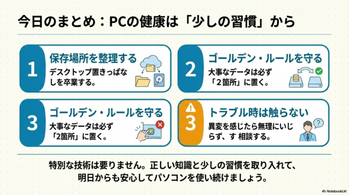 パソコンのトラブルは突然起きるものですが、正しい知識と少しの習慣でしっかり防ぐことができます。それでも不安な場合や、実際にトラブルが起きてしまった場合は、無理せず相談することが大切です。