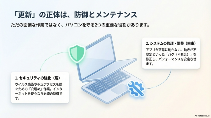 「更新して再起動」とは、パソコンの中のソフトやシステムを最新の状態にする作業のことです。
