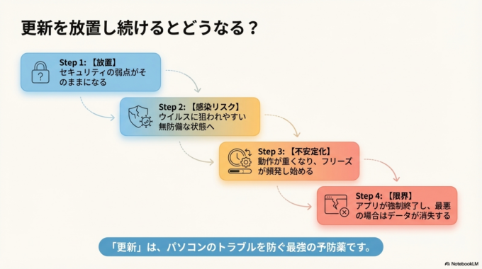 つまり、「更新して再起動」は面倒に見えて、実はパソコンを守る大事な作業です。