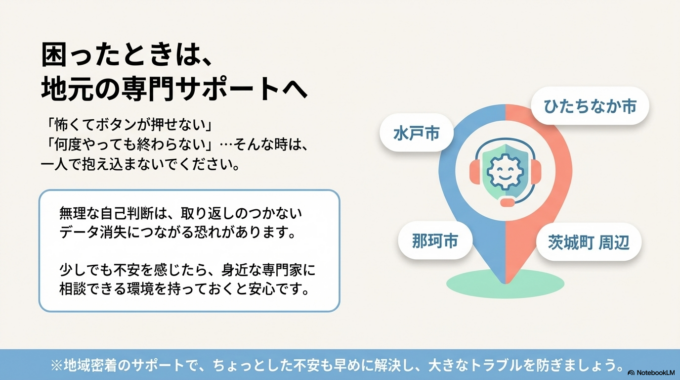 「更新して再起動が怖くて押せない」「何度やっても終わらない」など、パソコンのトラブルは一人で悩みがちです。