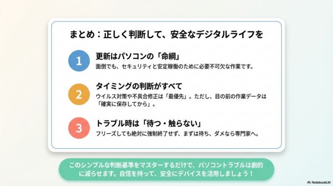 「更新して再起動」は、面倒に感じるかもしれませんが、パソコンを安全に使うための大切な作業です。