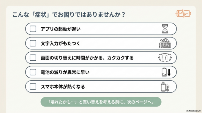 アプリの起動が遅い、文字入力がもたつく、画面の切り替えに時間がかかる。故障を疑ってしまう方も多いですが、実は“ある1つの設定”が原因になっているケースが少なくありません。