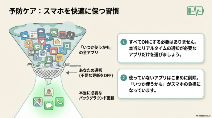 スマホを快適に使い続けるためには、日頃のちょっとした管理が大切です。