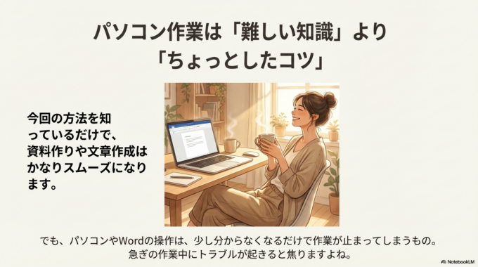 パソコンやWordの操作は、少し分からなくなるだけで作業が止まってしまうことがあります。