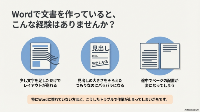 特にWordに慣れていない方ほど、こうしたトラブルで作業が止まってしまいがちです。