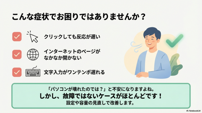 いつも使っているパソコンが、ある日突然「重い」「動きが遅い」と感じることはありませんか。